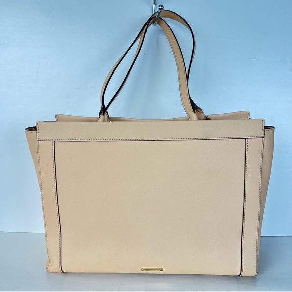 REBECCA MINKOFF Monroe Sand Saffiano Structured Leather Tassel Shoulder Bag Tote - Picture 3 of 16